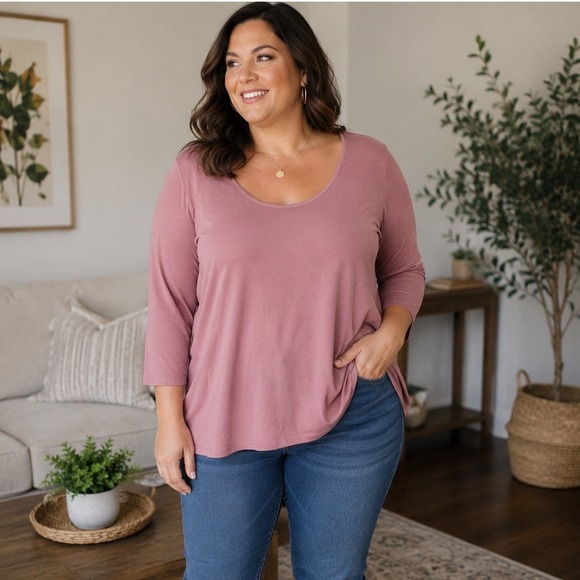 Tahari Tops - Tahari Women 3X Dusty Rose Scoop Neck 3/4 Sleeve Cotton Top relaxed fit soft